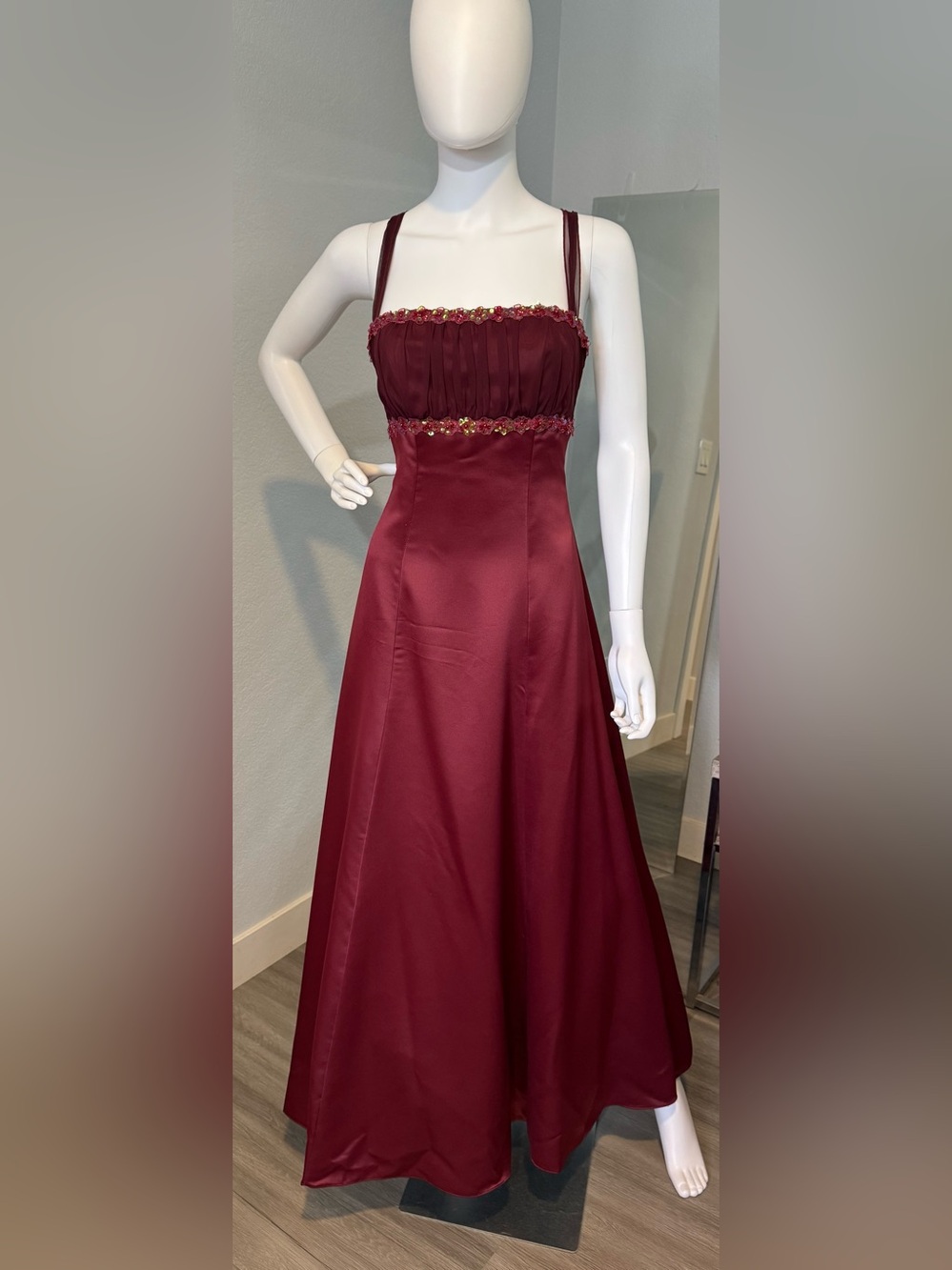 Rebecca Burgundy Satin Corset Back Formal Gown - Floral Beaded - Size XS